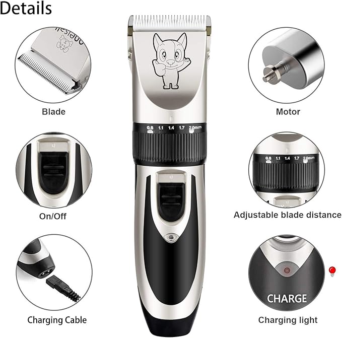 Highdas Dog Grooming Kit Clippers, Low Noise, Electric Quiet, Rechargeable, Cordless, Pet Hair Thick Coats Clippers Trimmers Set, Suitable for Dogs, Cats, and Other Pets (Silver)