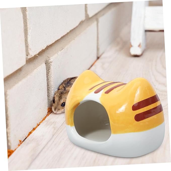 Ceramic Hamster Hideout Bed Cat-Shaped Cozy Nest for Dwarf Hamsters Gerbils and Mice Unique Floral Design Multifunctional Toy and Shelter for Small Pets