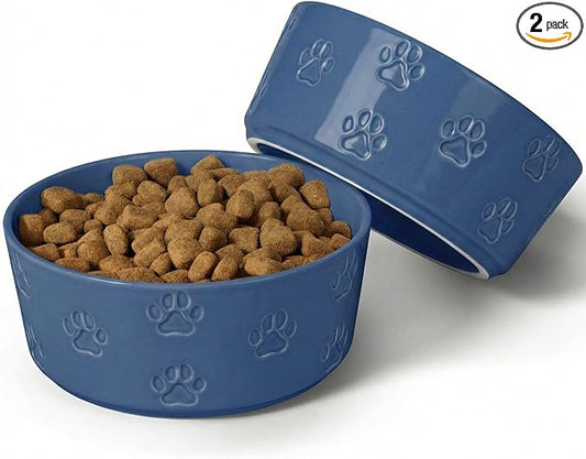 Ceramic Dog Bowl Set of 2 with Anti-Skid Base - 6.5" Wide x 2.5" Tall Ceramic Dog Bowls Medium Sized Dogs - 3.8 Cup Capacity Food and Water Bowls for Dogs - Rubber Bottom Pet Bowl Set of 2 Medium Size
