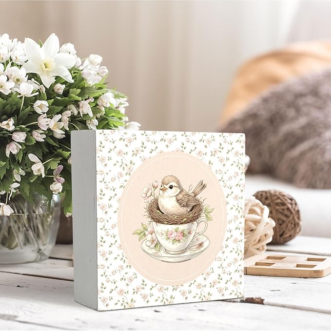 Flower Bird Wooden Box Sign Desk Decor, Rustic Bird Nest Teacup Wood Block Sign for Girls Room Nursery Bedroom Home Desk Table Shelf Wall Decorations, 5x5 Inch