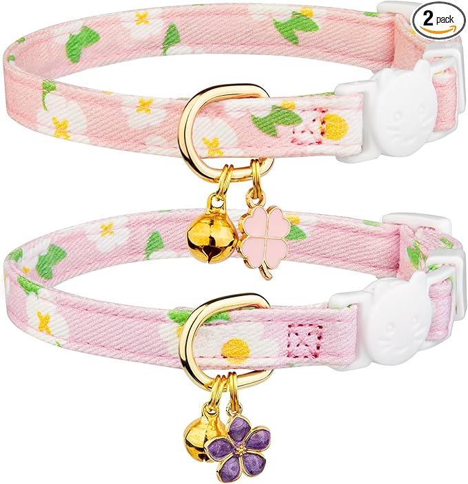 2 Pack Cotton Breakaway Cat Collar Purple and Pink Flowers Pendant Cute Kitten Cat Collar with Bell