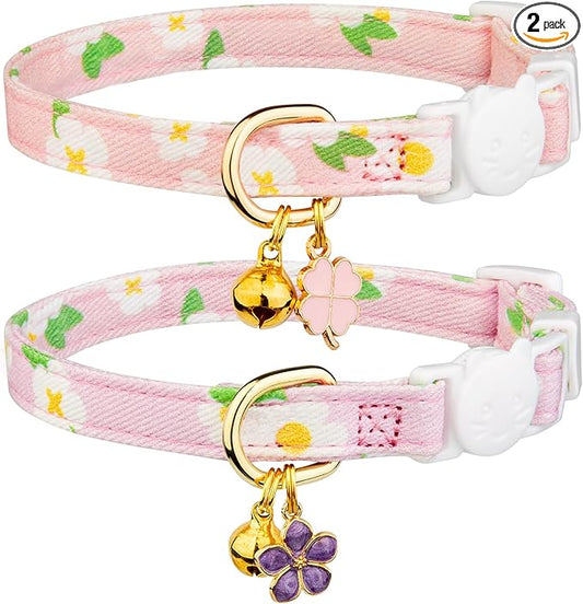 2 Pack Cotton Breakaway Cat Collar Purple and Pink Flowers Pendant Cute Kitten Cat Collar with Bell