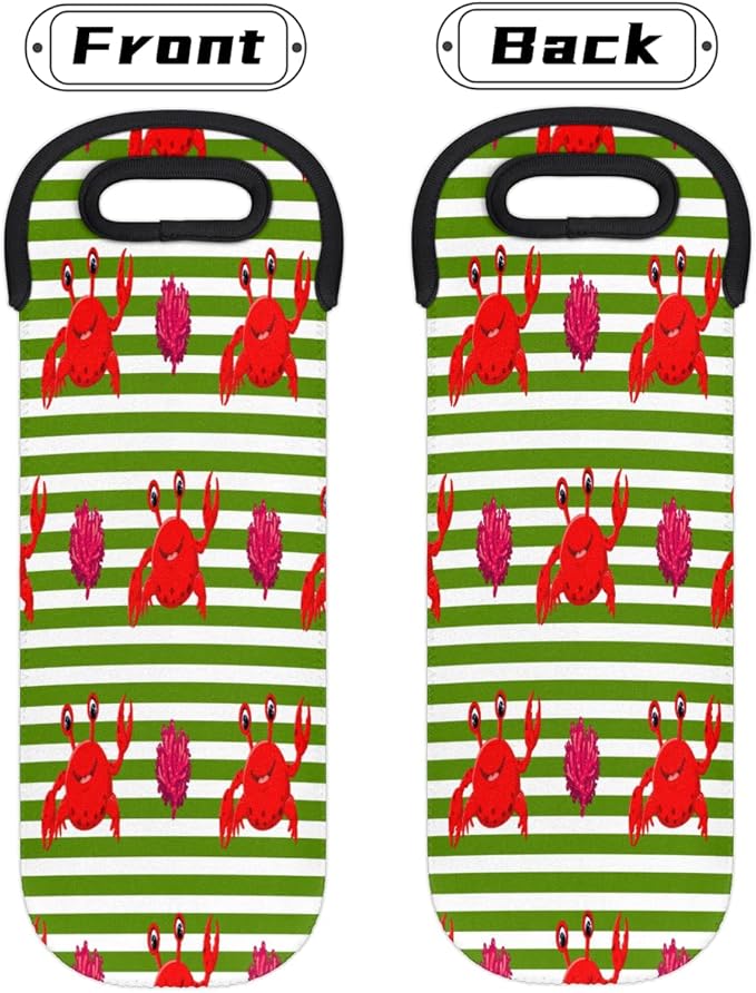 Red Crabs Stripes Wine Bag Single Bottle Wine Tote Bag Neoprene Wine Carrier Bags with Carry Handle Portable Wine Bottle Holder for Travel Party Picnic