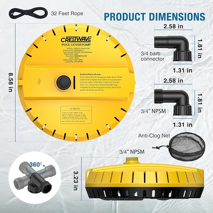 Crestwave Automatic Pool Cover Pump, 115V Submersible Water Pump for Pool Draining, 25FT Power Cord, 1-Year Warranty, Water Removal for Swimming Pool, Hot Tub, Fish Tanks, Pond, 2 Adapters, Yellow