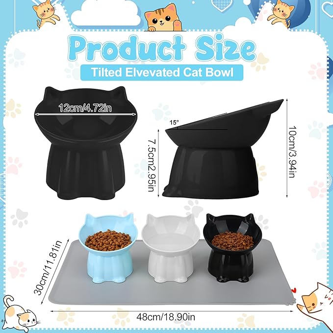 3 Pcs Elevated Cat Bowls 15°Raised Cat Food Bowl with Silicone Mat Whisker Friendly Anti Vomiting Cats Dishes Pet Food and Water Bowls for Indoor Cats Kittens, Blue, Black, White