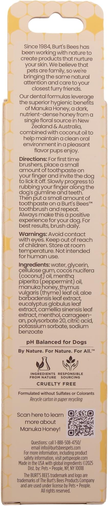 Burt's Bees for Pets Peppermint Toothpaste for Puppies with Manuka Honey and Coconut Oil for Gum Health & Tartar Control, 99.1% Natural Origin Formula, Fluoride-Free, Peppermint Flavor, 2.5 Oz