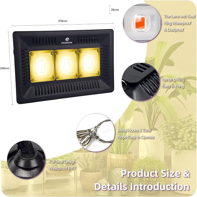 CANAGROW Waterproof Plant Light, Outdoor Grow Light, Sunlike Full Spectrum COB LED Grow Lamp, Refugium Light for Saltwater Aquarium, No Noise, Heating Lamps for Plants Seeding Veg Blooming Fruiting