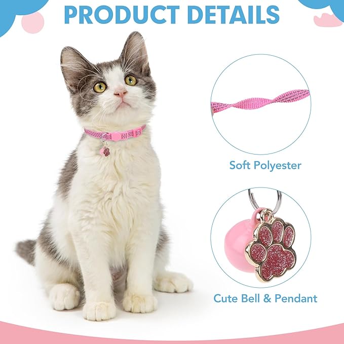 BINGPET Reflective Cat Collar Breakaway with Bells,3 Pack Kitten Collar for Girl Boy Cats with Cute Pendant Glow in The Dark,Adjustable 8''-11.8'',Pink