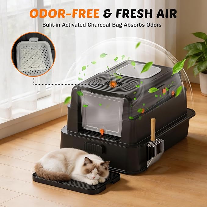 Stainless Steel Litter Box with Lid: XL Extra Large Cat Litter Box for Big Cats, Enclosed Kitty Litter Boxes with Drawer, High Sided Metal Cat Box with Scoop, Front & Top Entry, Odor Free, Non-Stick