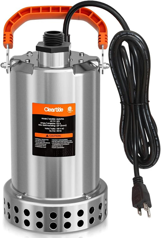Stainless Steel Submersible Utility Water Pump, 3/4 HP 3780 GPH, Thermoplastic Portable Plug & Work, Ideal for Pool, Flooded Basement, Hot Tub, Pond & Garden Draining, 10 FT Cord