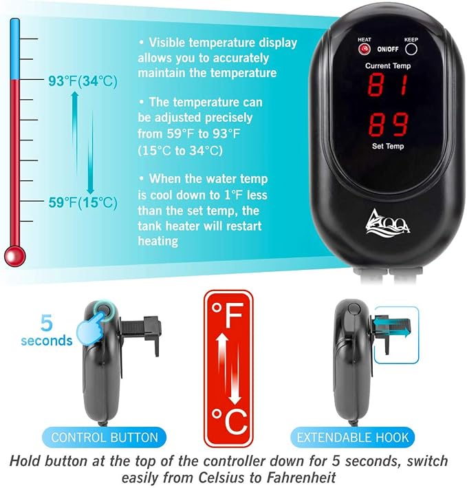 AQQA Fish Tank Heater 100W for 25-35 Gallon Mini Aquarium Heater Quartz Glass Submersible Heater for Aquarium Betta Fish Heater Aquarium Thermostat Heater Freshwater & Saltwater（100W for 25-35 Gal）