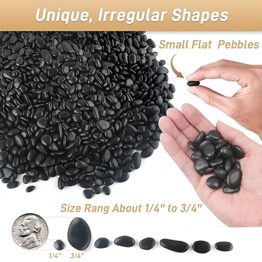 Mulctun 6lb Black Rocks for Planters- 1/4" - 3/4" Polished Black Stones Smooth Flat Pebbles for Fish Tanks Decorative River Rocks for Vases Bonsai Pots Garden Stones for Landscaping and Yards