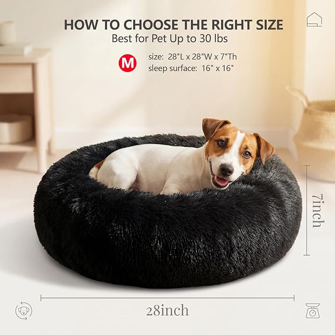 Calming Donut Dogs Beds for Small Dogs Washable,28inch Plush Round Pet Bed for Cozy Sleep,Fluffy Faux Fur Large Cat Bed,Fits up to 30 lbs Pets,Black