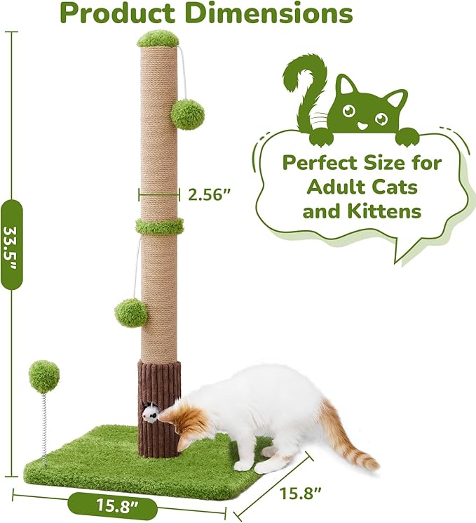 Woochpet 33" Tall Cat Scratching Post for Indoor Cats, Premium Sisal Scratch Posts with Cat Toys and Fun Mouse Holer for Cats at All Ages, Scratcher Tree with Reinforced Stable Base (Green)