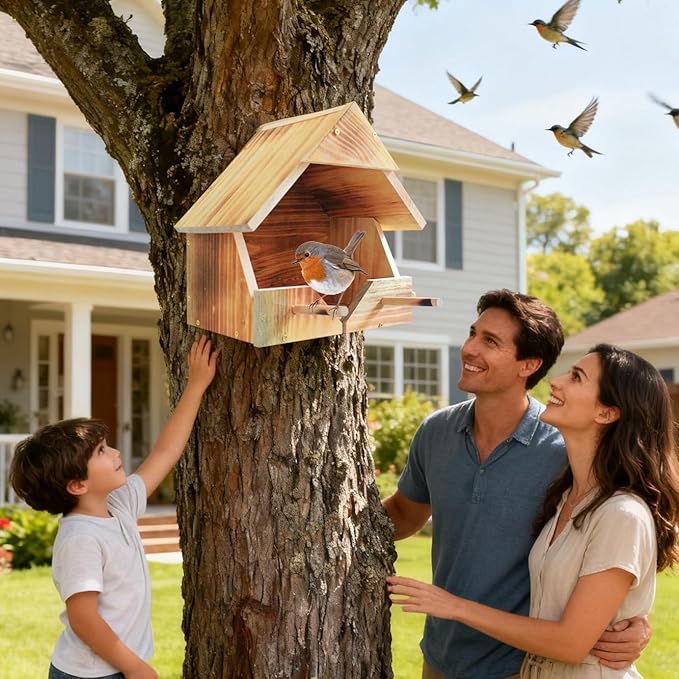 Robin Nesting Box - Premium Handmade Solid Wood Bird House for Outdoors | All-Weather Garden Gift to Attract Robins, Blackbirds, Wagtails | Easy to Mount & Clean