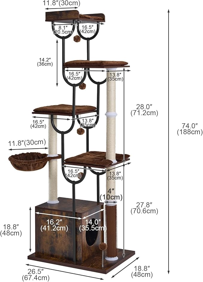 FourFurPets Cat Tree for Large Cats, Modern Cat Tree Tower with Scratching Post, 74" Wooden Cat Tower for Multiple Adult Cats, Cat Condo for Adult Cats, 4 Large Perch, 1 Cat Caves, Rustic Brown