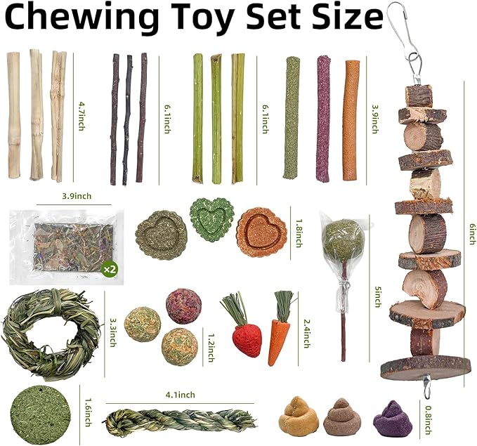 Rabbit Chew Toys, Treats for Guinea Pigs & Hamsters - Natural Chew Sticks & Balls Set for Small Animals, Dental Care Treats for Chinchillas, Bunny - 20+ Toys for Teeth Health (30 Pieces)