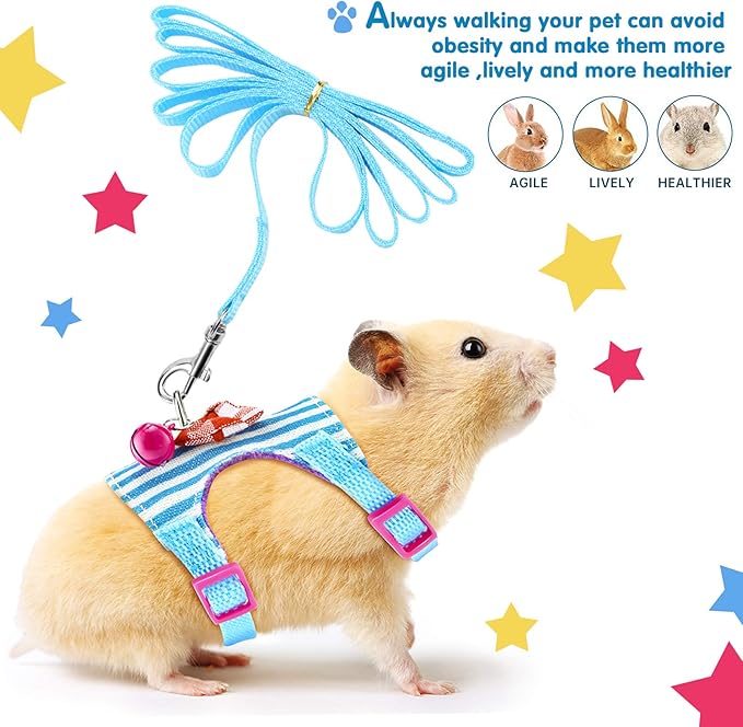 2 Pieces Hamster Harness and Leash Set for Walking, Small Guinea Pig Clothes with Bowknot Bell, No Pulling Comfort Padded Vest Striped for Guinea Pig Hamster Ferret, Small Animals (Blue, Black,M)