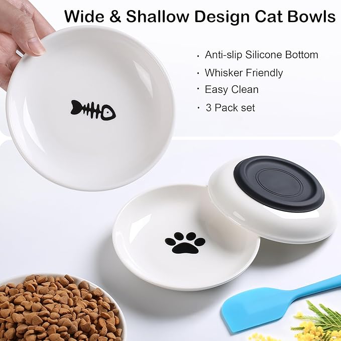 WROSWT Cat Food Bowl,Healthy Ceramic Cat Bowls for Indoor Cats,Anti Whisker Fatigue Cats Dishes Set,Shallow Wide Kitten Plates for Food and Water,Non-Slip Silicone Bottom,6 Pack