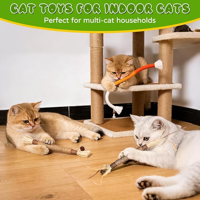 Silvervine Sticks for Cats & Cat Chew Ropes Cat Chew Toys for Indoor Cats Kitten Teething Toys for Dental Cleaning Teeth with Natural Catnip Bag, Increase Appetite, Enhances Oral & Dental Health,14PCS