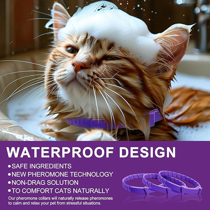 Cat Calming Collar with Pheromone & Lavender, Adjustable Waterproof Design, 30-Day Anxiety Relief, 4-Pack for Multi-Cat Stress & Travel