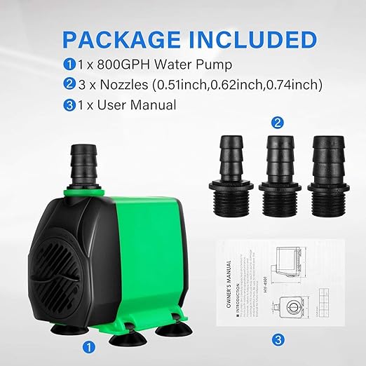 Simple Deluxe 800 GPH Water Table Pump (3000L/H, 24W), Ultra Quiet Fountain Pump with 10 ft, 3 Nozzles for Fish Tank, Pond, Aquarium, Hydroponics, Green