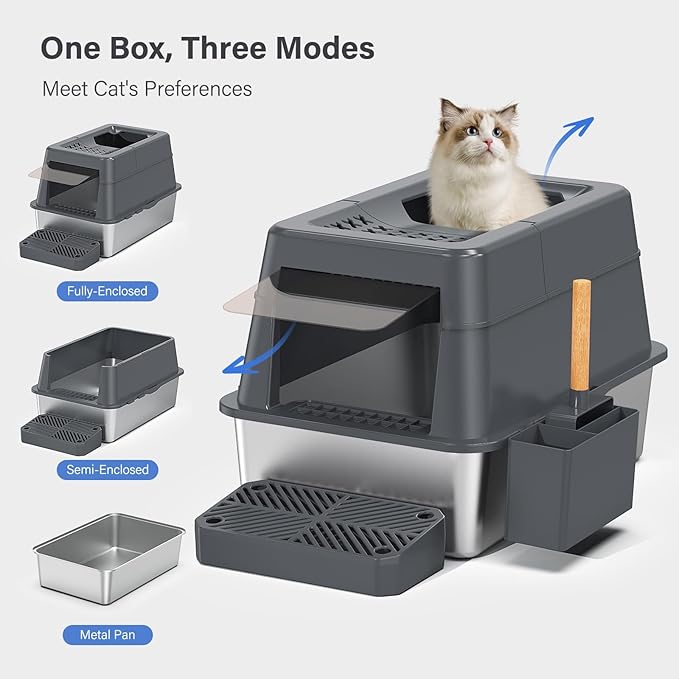 Aphyxen Stainless Steel Litter Box with Lid, XL Extra Large Enclosed Cat Litter Box Fits All Cats Modular Design with Flip Cover, Top Entry Metal High Sided Cat Box & Pedal & Scoop (Dark Grey)