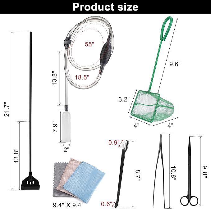 7pcs Aquarium Cleaning Kit Fish Tank Cleaning Tools Set | Professional Fishtank Cleaner Including Algae Scraper Brush Tweezer Gravel Vacuum Fish Net Duster for Dirt Water Change