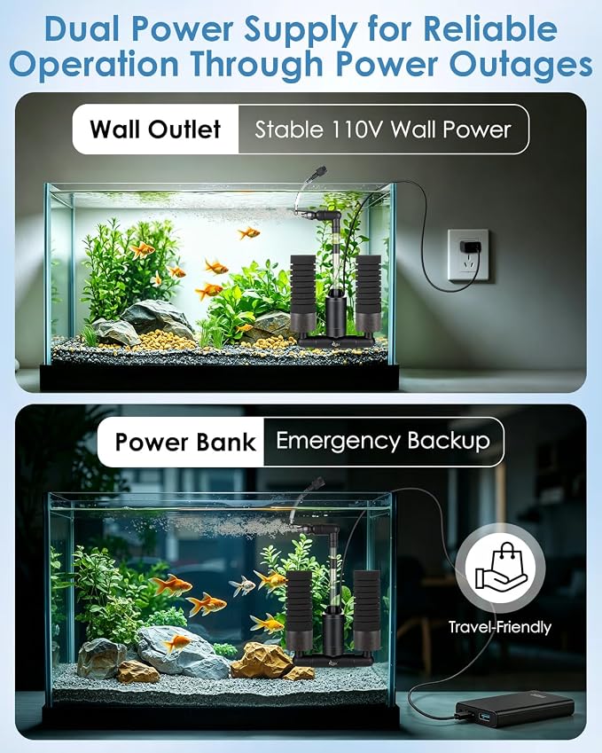 AQQA USB Electric Sponge Filter for Aquarium,Submersible Fish Tank Filter | No Air Pump Needed with Bio Ceramic Media & 110V Adapter, Quiet 360° Rotatable Outflow for Betta Shrimp Fry Breeding Tank