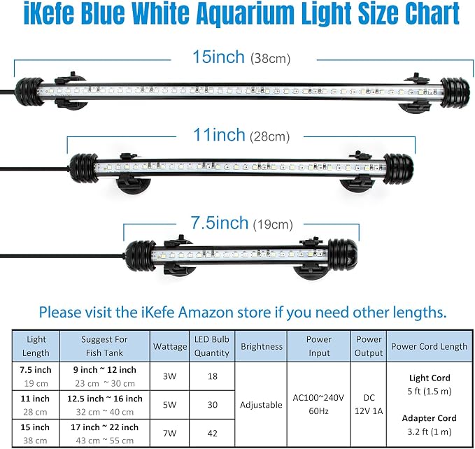 15" White & Blue Submersible LED Aquarium Fish Tank Light with Timer/Dimmable Underwater Fish Tank Aquarium LED Lights Fixture for Saltwater Freshwater Fish, Plant Grow, Coral Reef Decorations