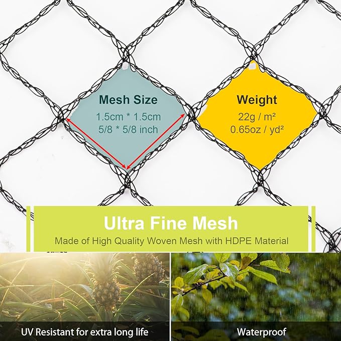 Bird Netting for Garden - 13 x 16.4 FT Heavy Duty Anti Bird Netting Mesh with Ties and Landscape Staples for Vegetable, Fruit Trees & Other Plants, Lasting Against Birds Deer Squirrels and Poultry