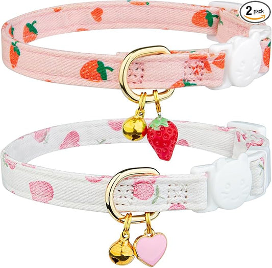 2 Pack Cotton Breakaway Cat Collar Pink Strawberries and White Heart Shaped Pendant Cute Kitten Cat Collar with Bell