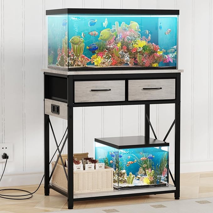 20-29-37 Gallon Fish Tank Stand with Power Outlets and 2 Drawers, Grey | Heavy duty metal frame holds up to 400 pounds with a lower shelf for a second aquarium, turtle tank or reptile terrarium