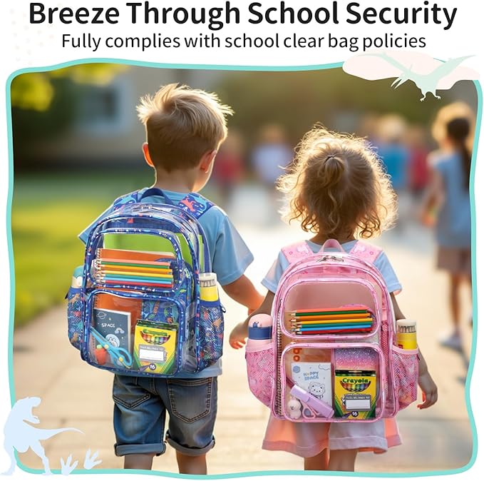 Clear Backpack for Boys, 15 Inch Heavy Duty Transparent Bookbag for Kindergarten to 2nd Grade, PVC See Through Daypack with Reflective Straps, Fits Standard Folders, Blue Dinosaur
