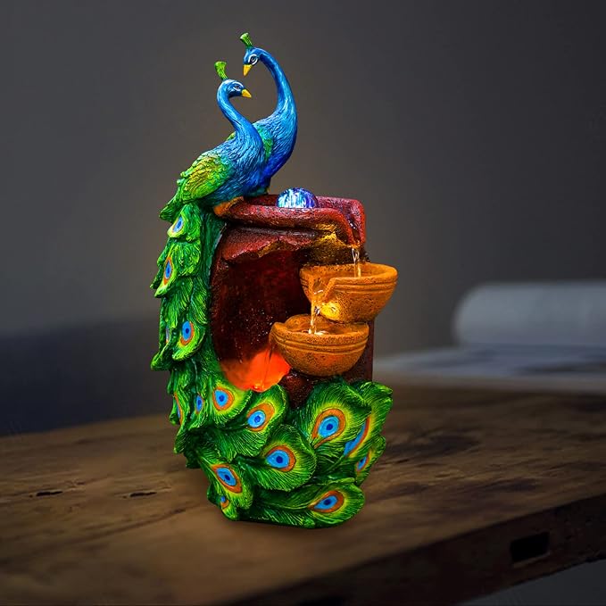 Indoor Fountain Rockery Tabletop Fountain with an Atomizer Elaxation Water Feature Meditation Desktop Fountains for Home Office Decor or Giving 11.02' x 8.27'' x 20.87'' with Peacock Shape