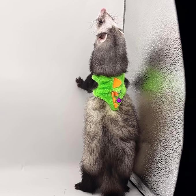 Ferret Harness and Leash Set Cute Dinosaur Design Soft Mesh Small Pet Harness Vest with Safe Bell Walking Clothes for Small Animals Ferret Rabbit Guinea Pig Squirrels (Green)