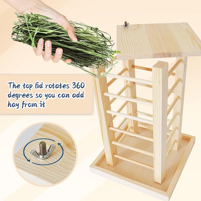 Rabbit Hay Feeder Wooden Bunny Hay Rack Guinea Pig Feeding Manger Standing Rabbits Grass Holder Small Animals Less Waste Food Dispenser for Chinchillas Hamsters Bunnies Gerbil