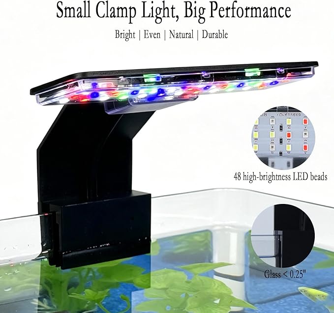Mini Clip On Aquarium Light 7W Full Spectrum Fish Tank Light with 3 Colors & Dimmable Brightness, USB Moving Small LED Fish Lamp for 1-3 Gallon Tanks