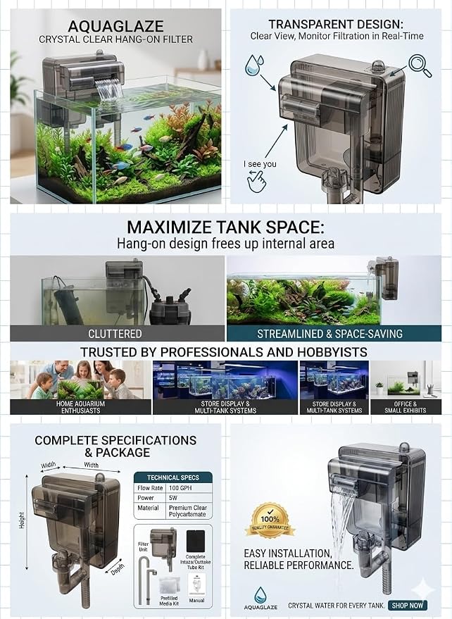 Aquarium Filter, Quiet Fish Tank HOB Filters 160GPH, 10W for 20 to 30 Gallon Aquariums with Adjustable Water Flow Extendable Intake Tube Surface Skimmer External Hang-On Back