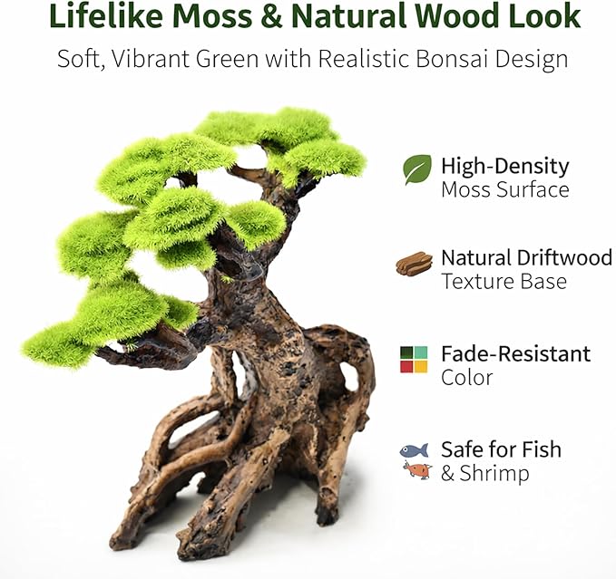 Fish Tank Decor Aquarium Bonsai Tree Resin Ornament with Faux Moss Aquascaping Decoration Artificial Landscape Centerpiece Safe & Fade-Resistant for Betta Shrimp Goldfish