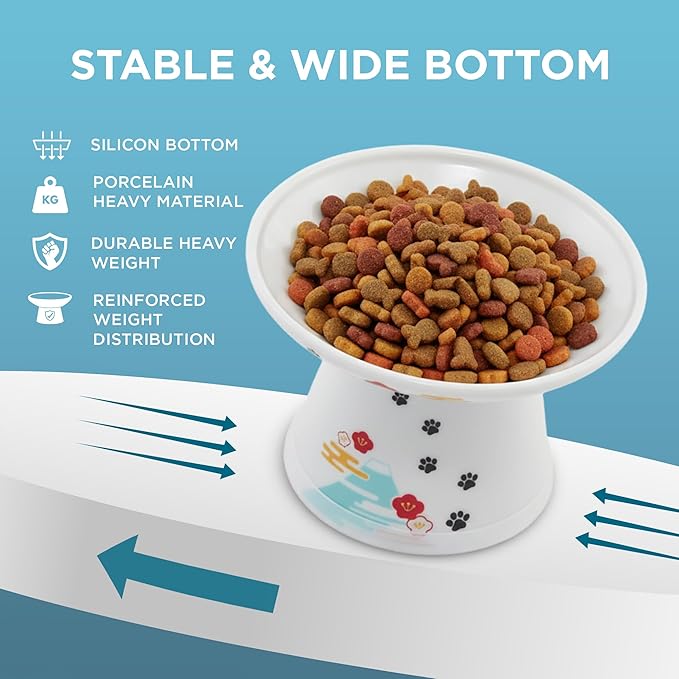 Necoichi Raised Cat Food Bowl – Ceramic Elevated Cat Bowl for Whisker & Neck Fatigue, Dishwasher Microwave Safe – Non-Slip & Anti Vomiting Ergonomic Design (Fuji, Extra Wide, 2-Cups Capacity).