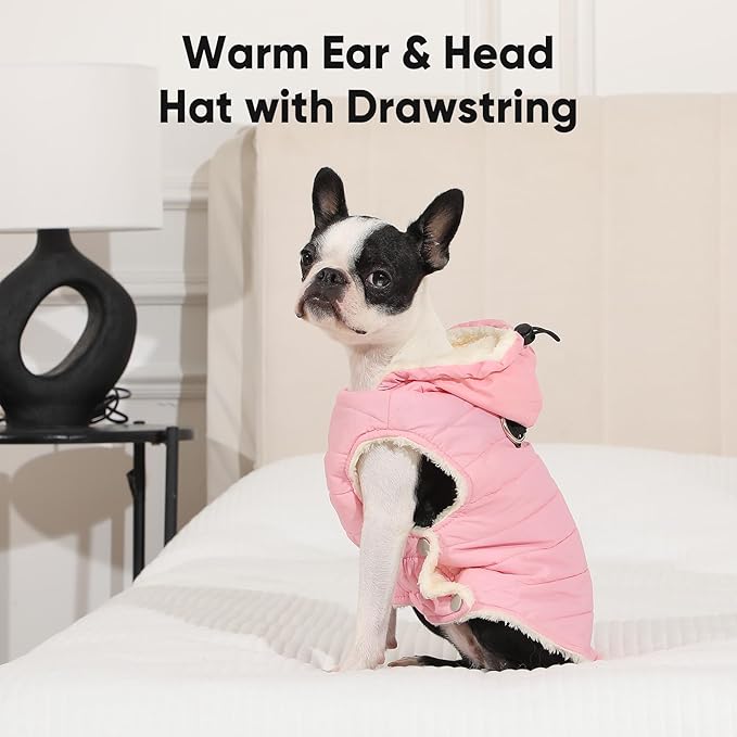 Vecomfy Fleece Lining Dog Hoodie with Harness Built in,Extra Warm Large Dog Jacket in Winter Doggie Coats with Drawstring Hooded,Light Pink XXL