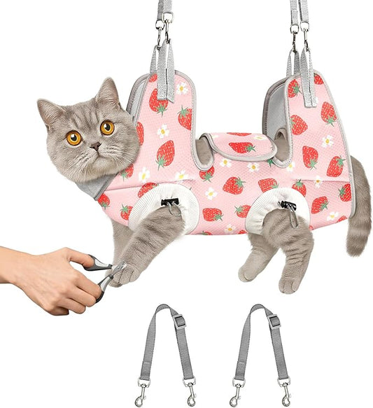 Supet Cat Grooming Hammock Harness for Nail Trimming, Cat Grooming Hanging Sling for Nail Clipping, Pet Restraint Holder for Cutting Nails, Medicine, Ear & Teeth Cleaning, Eye Care (Strawberry S)