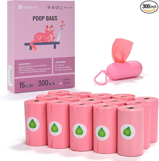 WDFAACK Biodegradable Pink Dog Poo Bags Lavender scent with Dispenser - 300 Large Poop Bags, Extra Thicken Strong Corn Starch Blended Compostable Leak Proof Poop Waste Bag for Dogs
