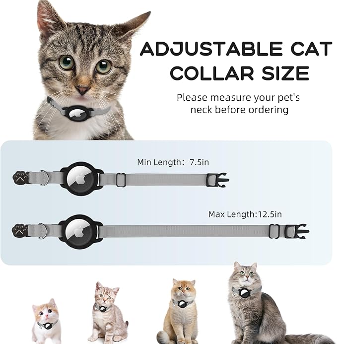 AirTag Cat Collars, Stretchy Collar with Apple AirTag Holder and Bell, Breakaway Ultra Design Elastic GPS Tracking Collars for Cats and Puppies, (7.5-12.5 Inch), Gray
