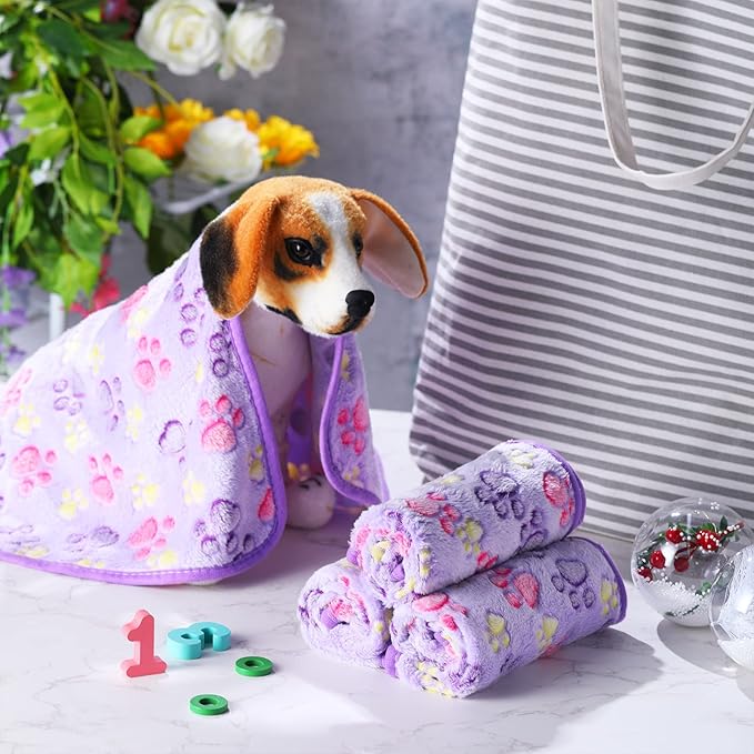Tatuo 4 Pack Fleece Dog Blankets for Puppy Cats Multi-Size Sleep Mat for Pet Guinea Pig Soft Washable Warm Crate Bed Puppy Teething Toys Print Pattern Blanket Indoor(Purple,30 x 20.5 Inch,Paw)