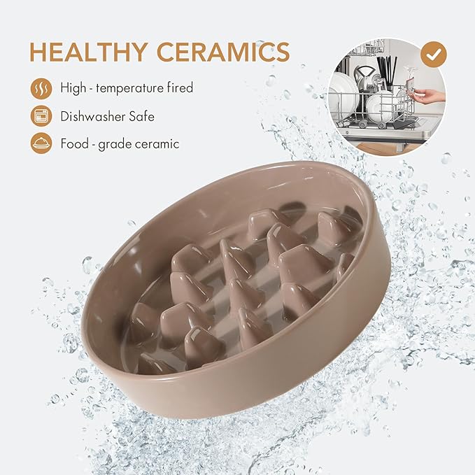 Havniva Ceramic 3.2 Cup Raised Slow Feeder Dog Bowl Set, Elevated 8.2inch Bowl and 9.5inch Slow Pet Food Dish with Wooden Stand for Large Dog (2 x Brown Coffee+ Stand)