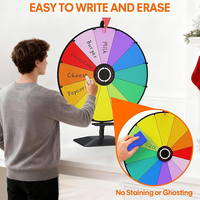 24 Inch Prize Wheel,Tabletop Heavy Duty Spinning Wheel for Prizes, Prize Wheel Spinner with Stand & 12 Slots & Dry Erase & Eraser for Party, Carnival, Trade Show, Classroom Activities,Spinning Game