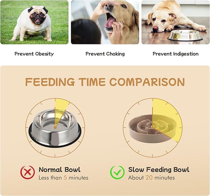 Havniva Ceramic 0.9 Cup Raised Slow Feeder Dog Bowl Set, Elevated 6.1inch Water Bowl and 6.1inch Slow Dish with Wooden Stand for Small Dogs(2 x Brown Coffee+ Stand)