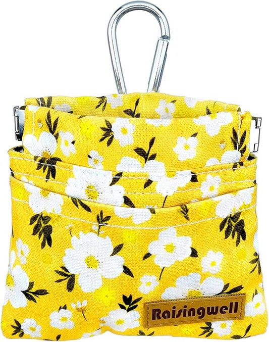 Raisingwell Dog Treat Pouch, Pocket Sized Pet Training Pouch, Cotton Fabric, Hand Free Yellow Flower Dog Walking Bag with Carabiner, Self-Closing Pet Feed Snack Reward, for Puppy Travel or Outdoor Use
